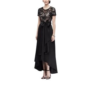 R M Richard's Stretch Satin High-Low A-Line Black Dress with Sequins Size 8